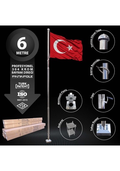 6 Metre Paslanmaz Krom Profesyonel Bayrak Direği