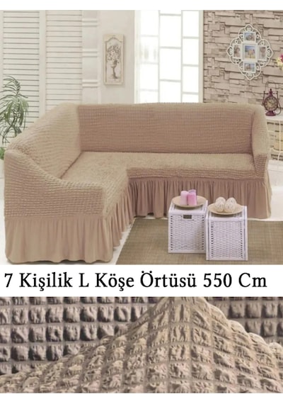 Upmall Bürümcük 7 Kişilik Köşe Koltuk, Kanepe Örtüsü, Koltuk Kılıfı, Lastikli, Etekli, L Köşe 550 Cm Taş Taş