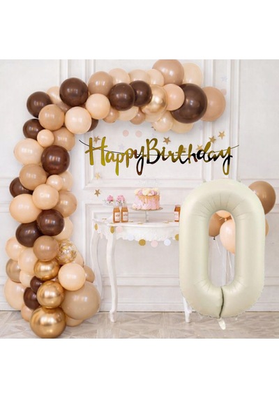 0 Yaş Pompa Hediyeli Doğum Günü Seti Banner Gold Kahverengi Kum Beji Ten Rengi Balonlar Krem Rakam Çok Renkli
