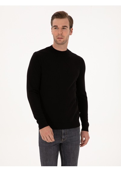 Cacharel Siyah Slim Fit %100 Pamuk Çeyrek Balıkçı Yaka Triko Kazak