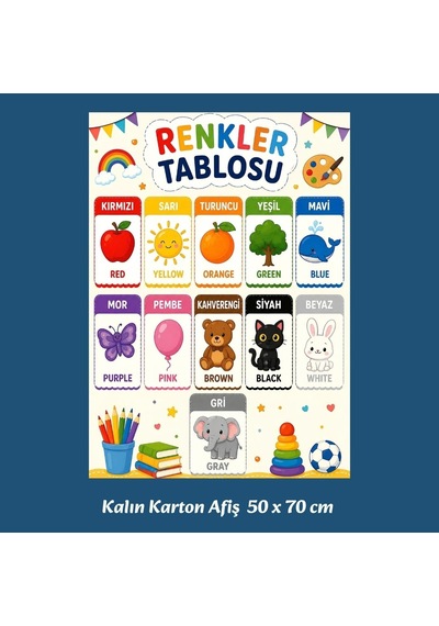 İngilizce Türkçe Renkler Tablosu 11 Renk Görselli Karton Afiş 50x70 Cm Anaokulu İlkokul Tüm Yaşlar