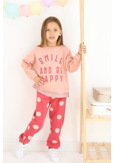 Kız Çocuk Smile And Happy Baskılı Kalın Eşofman Takımı Koyu Pembe