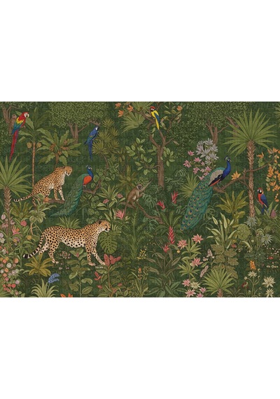 Tavus Kuşu Ve Leoparlar Ormanda İllüstrasyon Poster Duvar Kağıdı Renkli