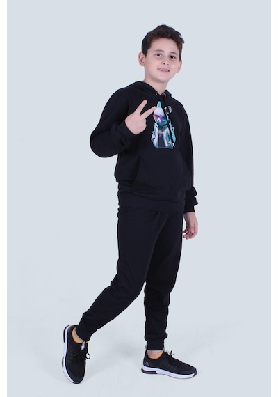 Fyk Kids Kapüşonlu Kanguru Cepli Erkek Çocuk Eşofman Takımı Siyah