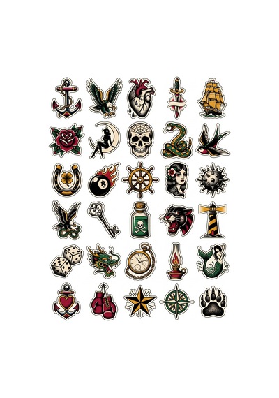 30 Adet Old School Dövme Sanatı Sticker Seti - Laptop Valiz Defter Çok Renkli