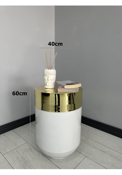 Dekoratif Gold Darbuka Parlak Beyaz Sehpa 60cm