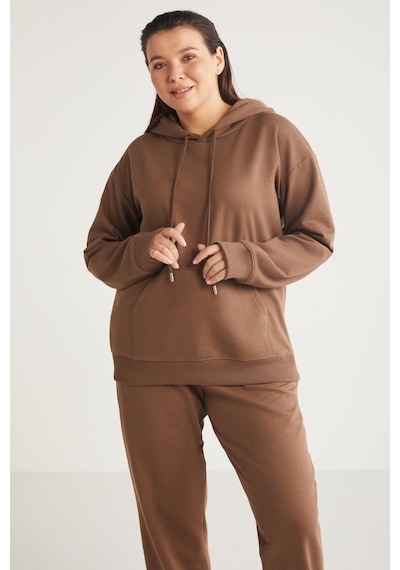 ETHIQUET TEREZABB Kadın Içi Polarlı Yumuşacık Comfort Fit Kapüşonlu Kanguru Cep Kahverengi Büyük Beden Sweatshirt