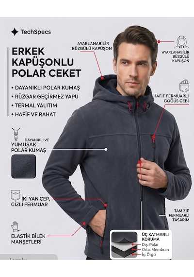 Luxıc Core Erkek Kapüşonlu Koyu Gri Polar 3 Cepli Fermuarlı Sıcak Tutan Kışlık Outdoor Hoodie Günlük Stilpro