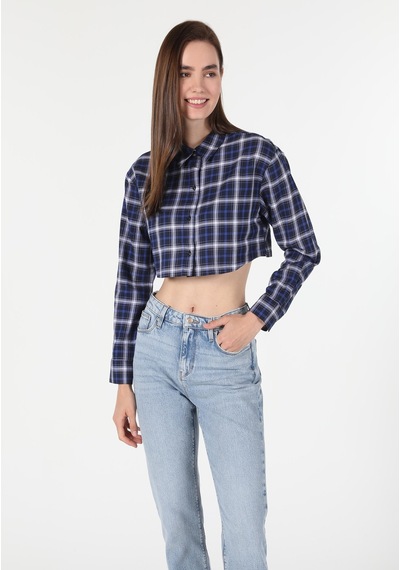 Colin's Colins Regular Fit Shirt Neck Ekoseli Kadın Lacivert Uzun Kol Gömlek Cl1060288 Q1.v1 Nav Lacivert
