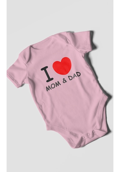 I Love Mom And Dad Baskılı Bebek Zıbını Çıtçıtlı Body %100 Pamuk Kısa Kol Koyu Pembe