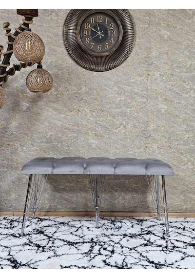 Zafir Metal Krom Tel Ayaklı 100 Cm Puf Bench - Puf - Bench - Oturak - Mutfak Oturağı - Antre Oturağı Gri