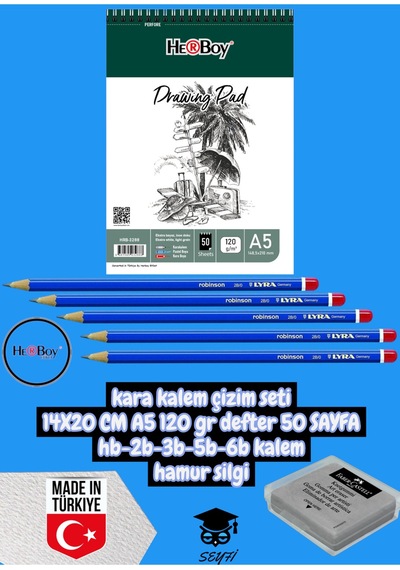Kara Kalem Çizim Seti 14x20 Cm A5 120 Gr Defter 50 Sayfa Hb-2b-3b-5b-6b Kalem Hamur Silgi Herboy Çok Renkli