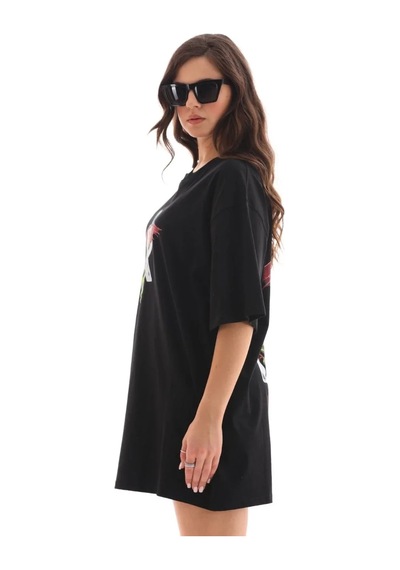 Kadın Baskılı T-shirt Kısa Kol Bisiklet Yaka Regular Fit Rahat Kalıp Günlük Tişört -siyah Siyah