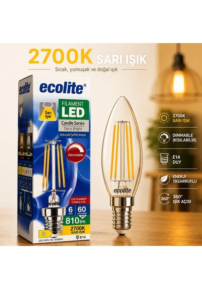 Ayrex Ecolite Filament Led Mum Ampul E14 Duy 6w 810 Lümen Dim Edilebilir 2700k Sarı Işık Şeffaf Dekoratif Vintage A Diğer