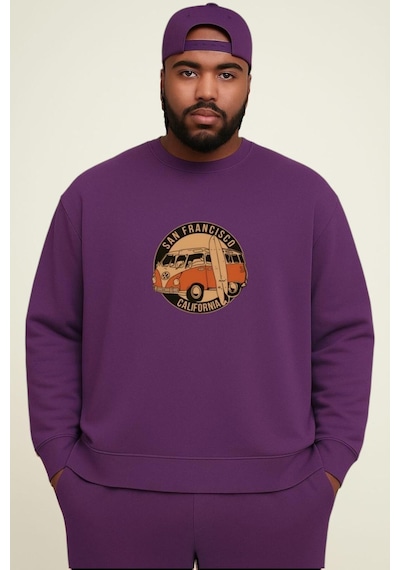 Benroma Wos Wos Baskılı Büyük Beden Unisex Sweatshırt Mor
