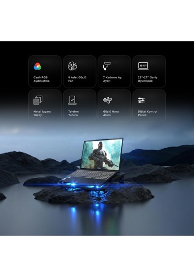S51 Icevolt Siyah Rgb Işıklı 8 Fanlı Lcd Göstergeli 16 Kadar Yükselebilen Notebook Soğutucu
