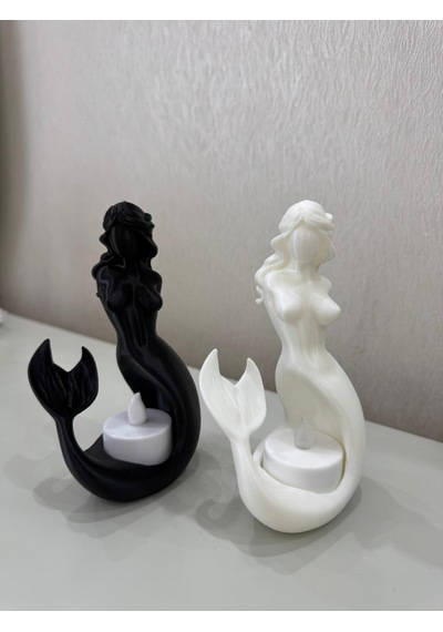 Deniz Kızı Tealight Mumluk 2 Li Siyah Beyaz Dekoratif Figür Ev Ofis Masaüstü Aksesuarı
