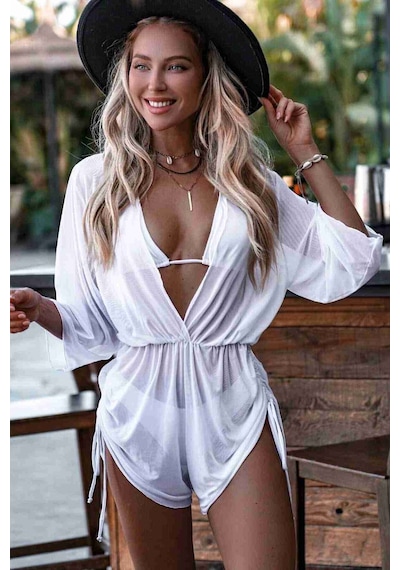 Angelsin Şifon Pareo Plaj Elbesi Cover Up Kimono Beyaz 001