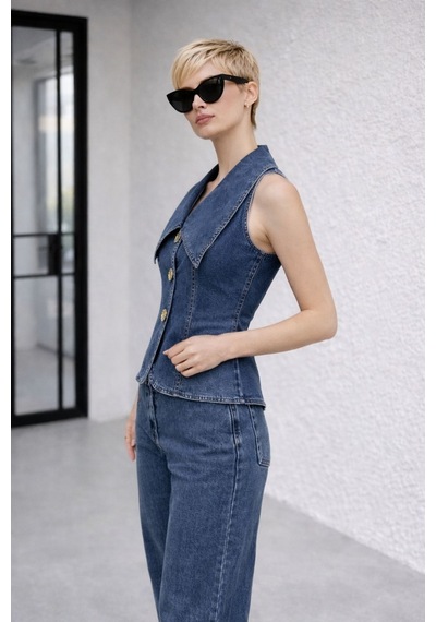 Kadın Gold Düğme Detaylı Yelekli Denim Kot Takım Yz2613 Mavi