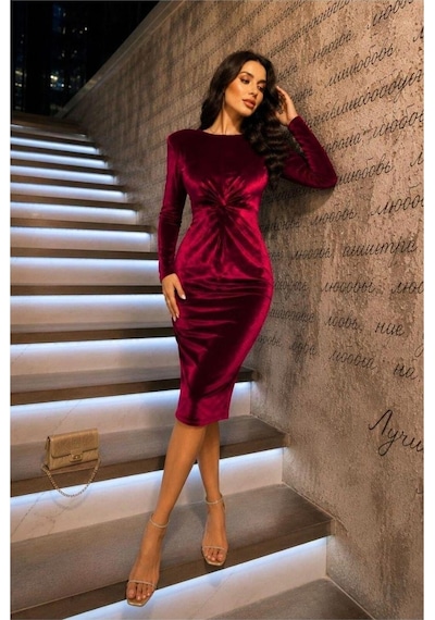 DefyModa Kadın Özgün Tasarım Kadife Kumaş Bisiklet Yaka Vatkalı Midi Abiye Elbise Kırmızı DefyModa Kadın Özgün Tasarım Kadife Kumaş Bisiklet Yaka Vatkalı Midi Abiye Elbise Kırmızı