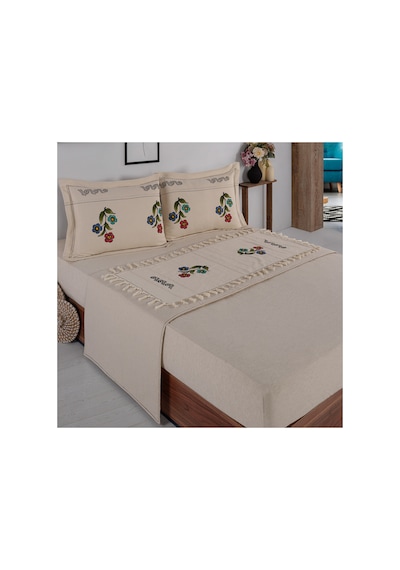 Çiçek Desen 200x220 Pamuk-keten Taş Baskılı Çift Kişilik Nevresim Takımı Krem - 747895135 Krem