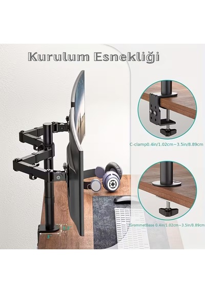 14-32 İnç Düz Kavisli Ekranlar İçin Çift Kol Monitör Standı Ayarlanabilir Yükseklik Eğim Lcd Led Tv