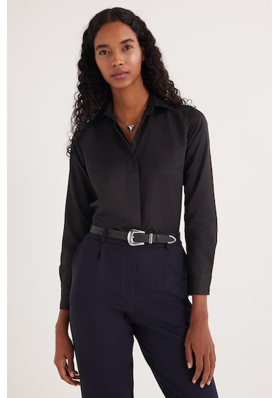 Tudors Kadın Slim Fit Dar Kesim Vucüda Oturan Uzun Kollu Gizli Düğme Detaylı Siyah Basic Gömlek-35321 Siyah