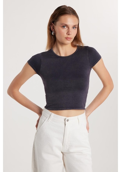 Tudors Kadın Slim Fit Dar Kesim Düz Basic Bisiklet Yaka Antrasit Tişört-33682 Antrasit