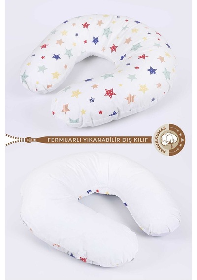 Çift Taraflı Emzirme Yastığı /bebek Destek Minderi, Hamile Yastığı, Yıldız Desenli Beyaz