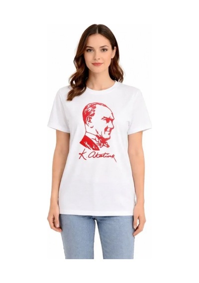 Efnaz Style Atatürk Baskılı Tişört Kısa Kollu Bisiklet Yaka T-shirt - Beyaz