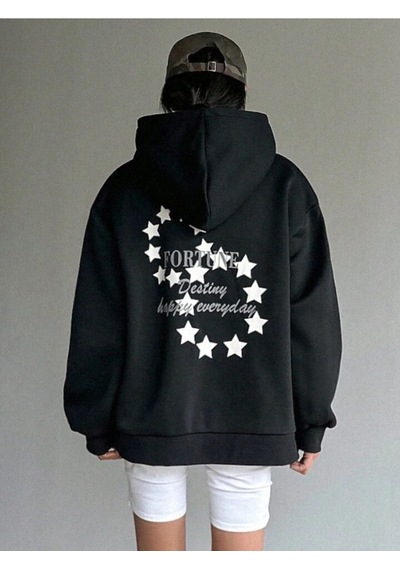 Fortune Stars Hırka - Siyah Baskılı Oversize Kapüşonlu Siyah