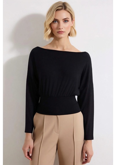 Benerly Kadın Örme Bluz Kayık Yaka Uzun Kol Fitted Kalıp Peplum Bel Detay siyah