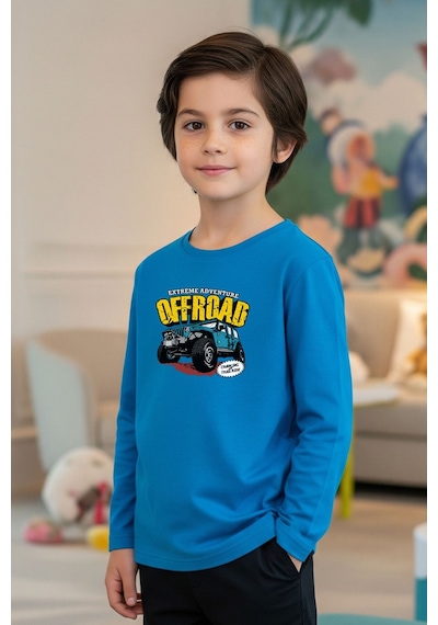 Fyk Kids Sıfır Yaka Off Road Baskılı Erkek Çocuk Sweatshirt Mavi