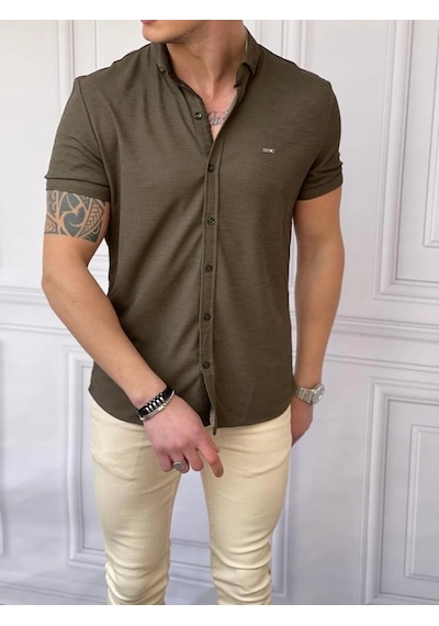Modefendi Slim Fit Pamuk Örme Polo Yaka Kısa Kollu Gömlek Haki