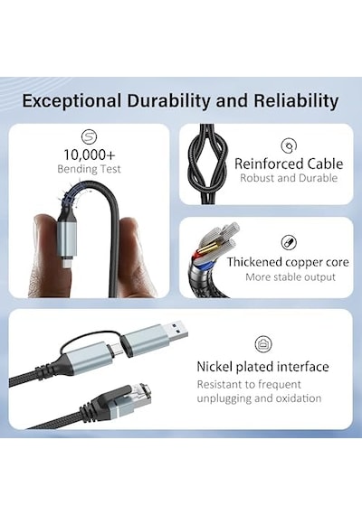Dacrown Usb C - Ethernet Kablosu 10 Ft, Tip C - Rj45 Lan Kablosu, Gigabit Ağ İnternet Adaptörü, Doğrudan Bağlı, Thunderbolt 4/3 Macbook Air/pro, Xps, İphone 15 Serisi, Galaxy S24 İle Uyumlu