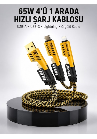65w 4'ü 1 Arada Çoklu Şarj Kablosu Usb-c, Usb-a, Lightning, Veri Ve Şarj Desteği Yeni Nesil Android