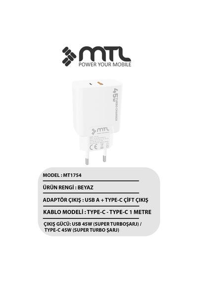 45w Turbo Şarj Çift Çıkış Type-c + Usb Adaptör Süper Fast Şarj Başlığı Mt1755