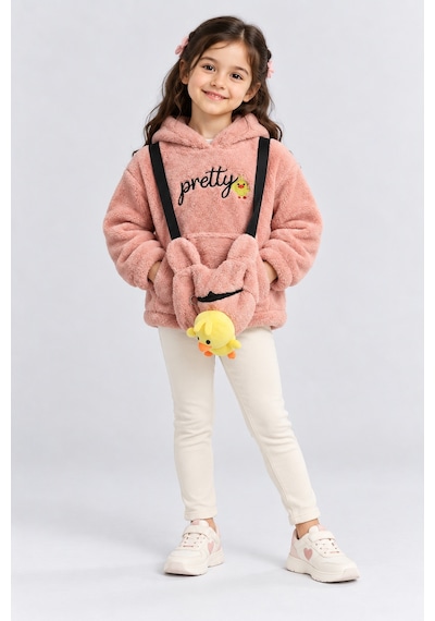Ahengim Kız Çocuk Peluş Kapüşonlu Sweatshirt Pretty Nakışlı Oyuncak Aksesuarlı Çantalı Kışlık Üst Ak4130 Pembe