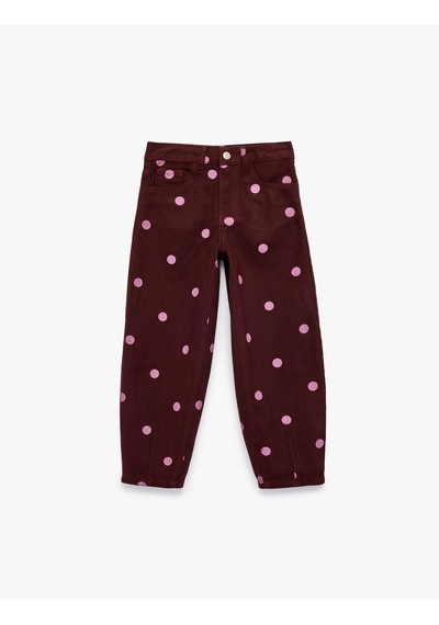 Koton Yüksek Bel Pamuklu Puantiyeli Balon Form Denim Pantolon Bordo Desenli 7wkg40023ad