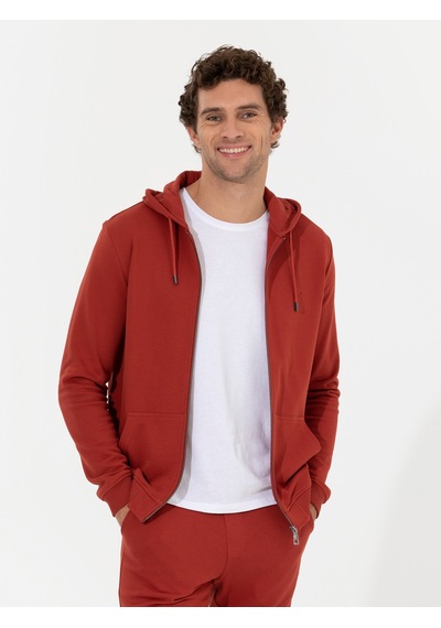 Kiremit %100 Pamuk Tam Fermuarlı Kapüşonlu Sweatshirt Kırmızı