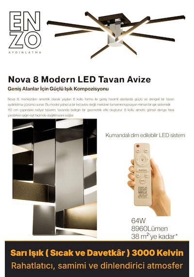 Nova 8 Silver Led Tavan Avize Kumandalı Dim Edilebilir Aşağı Işık Sarı Işık