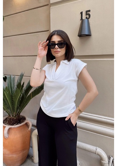 Beyaz Polo Yaka, Kısa Kol, Fitilli Kaşkorşe Kumaş, Basic Kalıp/kesim, Spor Ve Günlük Bluz & T-shirt Beyaz