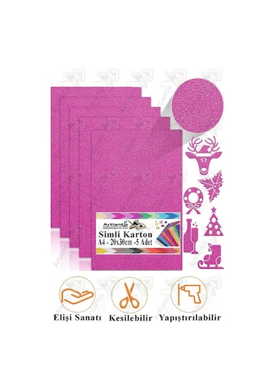 Simli Karton A4 20x30 Cm 5 Li 1 Paket Simli Fon Kartonu Parıltılı Kağıt Anasınıfı Kreş Etkinlik Proje Dekoratif Pembe