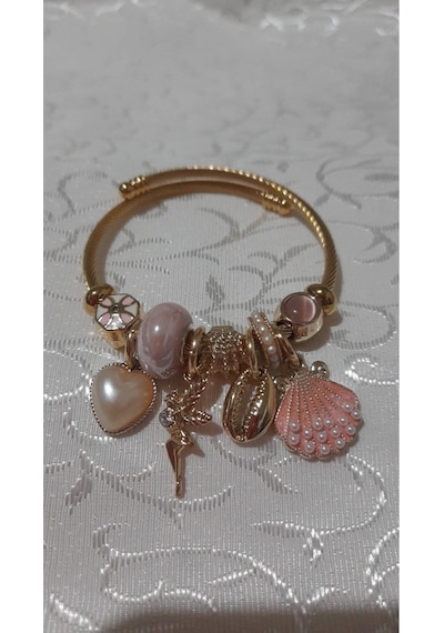 Uzel Çelik Bileklik Sarı Gold Model Incili Deniz Kabuğu Pembe