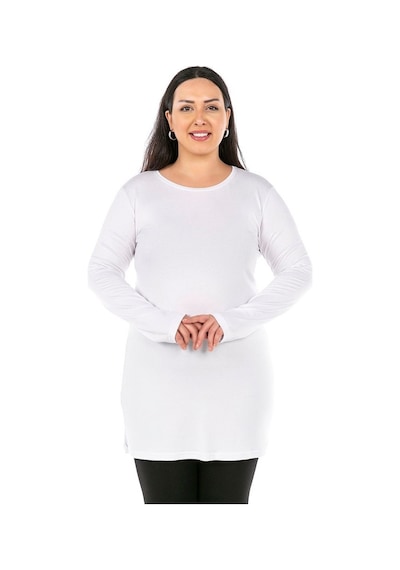 Disentis Büyük Beden Yuvarlak Yaka Uzun Kollu Viskon Uzun Beyaz Body