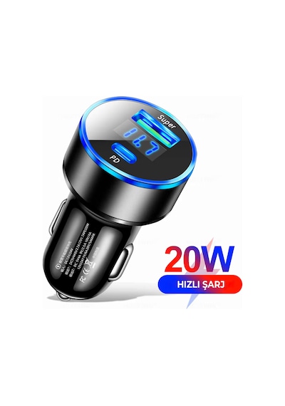 Siyah Araç İçi Usb 3.0 Type C 20w Soketli Çakmaklık Güç Adaptörü Tüm Cihazlar 12v-24v