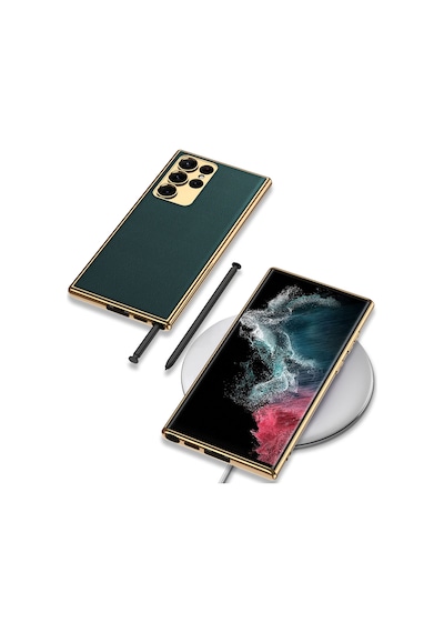 Galaxy S23 Ultra Kılıf Deri Görünümlü Kenarları Elektroplating Kaplama Zore Fizyon Kapak Koyu Yeşil