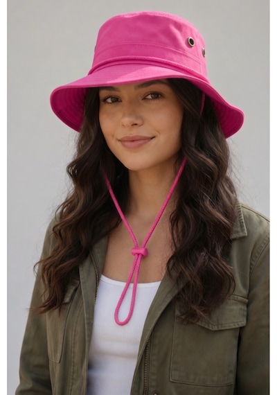 Mollycrush Premium Outdoor Kamp Balıkçı Şapkası Pembe Unisex Ayarlanabilir İpli Şapka Modeli Pembe