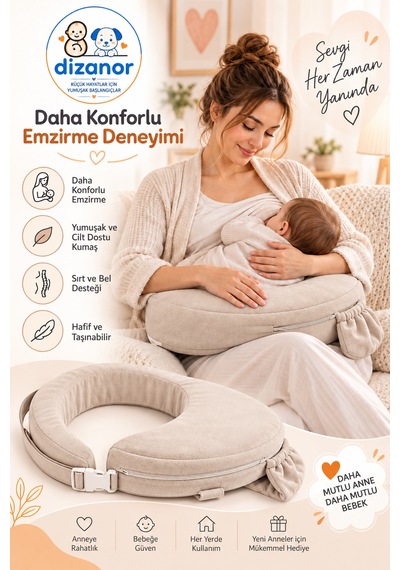 Dizanor Ayarlanabilir Kemerli Çok Amaçlı Emzirme Minderi Fermuarlı Yıkanabilir Kılıf 56x50x11 CM