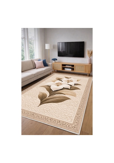 STY Home Krem Çiçekli Dijital Baskı Halı Kaymaz Tabanlı Yıkanabilir Halı Yolluk Salon Halısı142